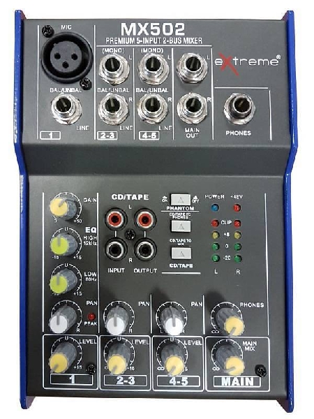extreme mx502 mixer 3 canali compatto per live phantom power +48v + cd tape in e out