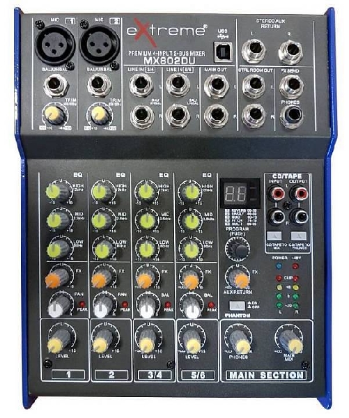 extreme mx802du mixer 4 canali compatto per live con effetti e usb