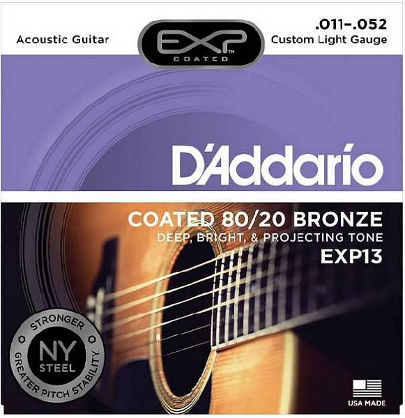 d'addario exp13 coated 80/20 bronze - corde per chitarra acustica custom light, 11-52