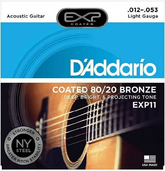 d'addario exp11 coated 80/20 bronze - corde per chitarra acustica light, 12-53