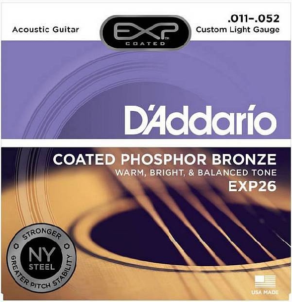 d'addario exp26 coated phosphor bronze - corde per chitarra acustica custom light, 11-52