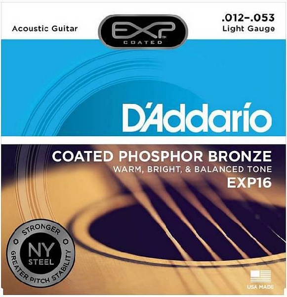 d'addario exp16 coated phosphor bronze - corde per chitarra acustica light, 12-53